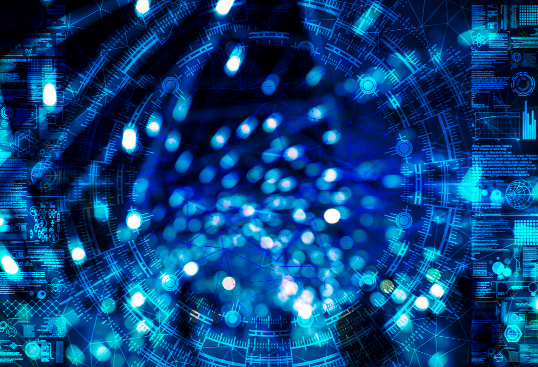 A digital graphic made up of interconnected lights and lines showing how ai applications can transform inbound marketing.