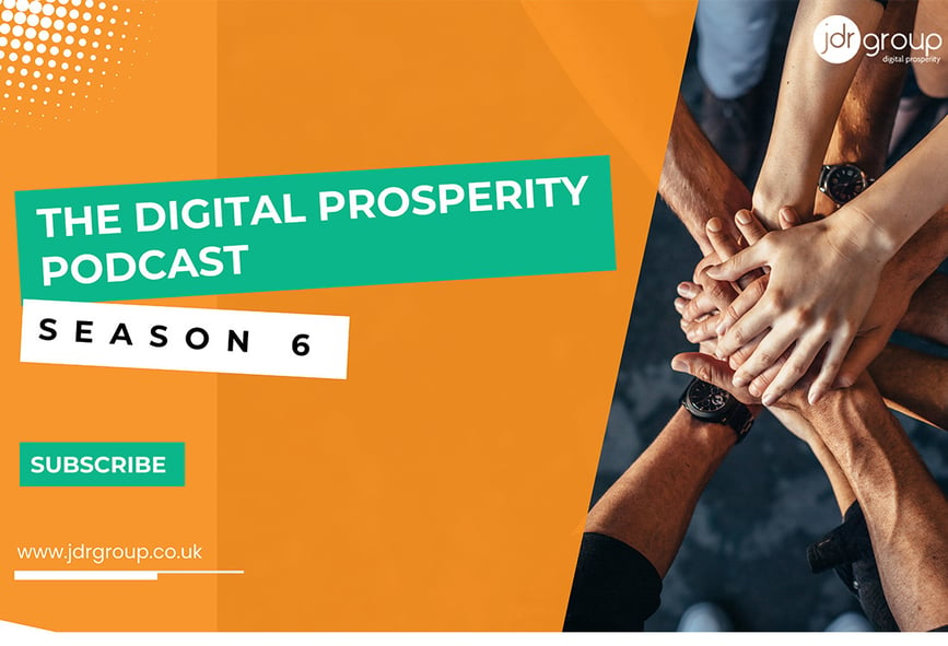 Graphic with people placing their hands on top of each other with the words digitial prosperity podcast in the background.