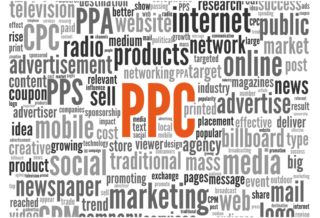 Graphic showing various marketing terms which focuses on PPC