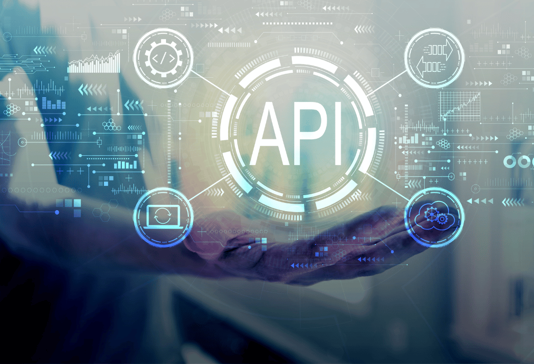 Graphic showing the word API and a outstretched hand.